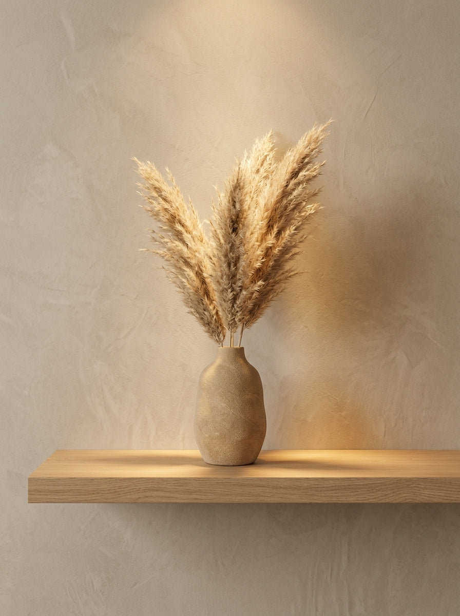 A beige ceramic vase holding dried pampas grass, displayed on a light wood floating shelf against a textured beige wall with warm lighting.