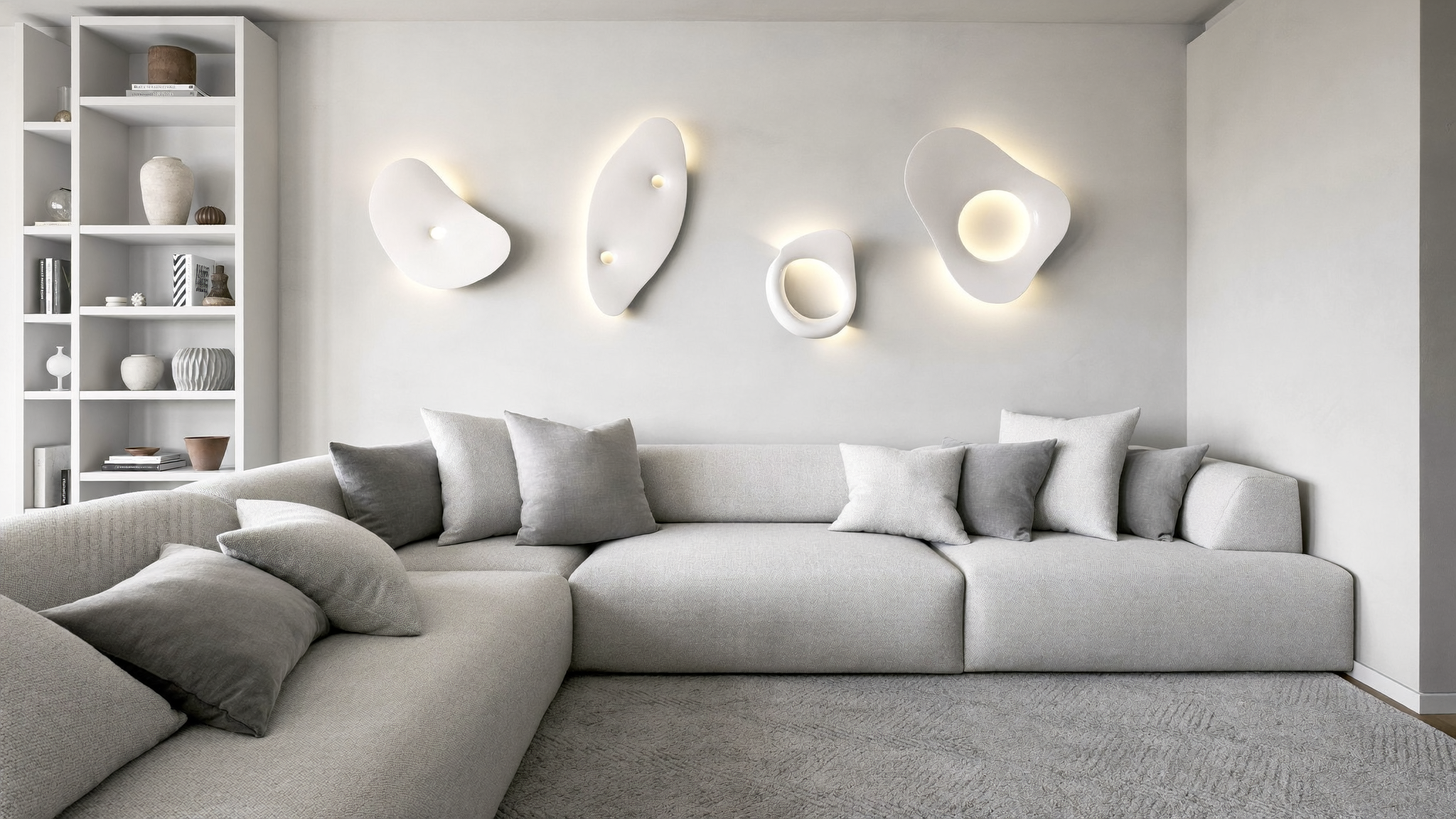 A modern living room featuring a light gray sectional sofa with matching throw pillows, a gray rug, and three organic-shaped wall sconces mounted on the wall above the sofa.
