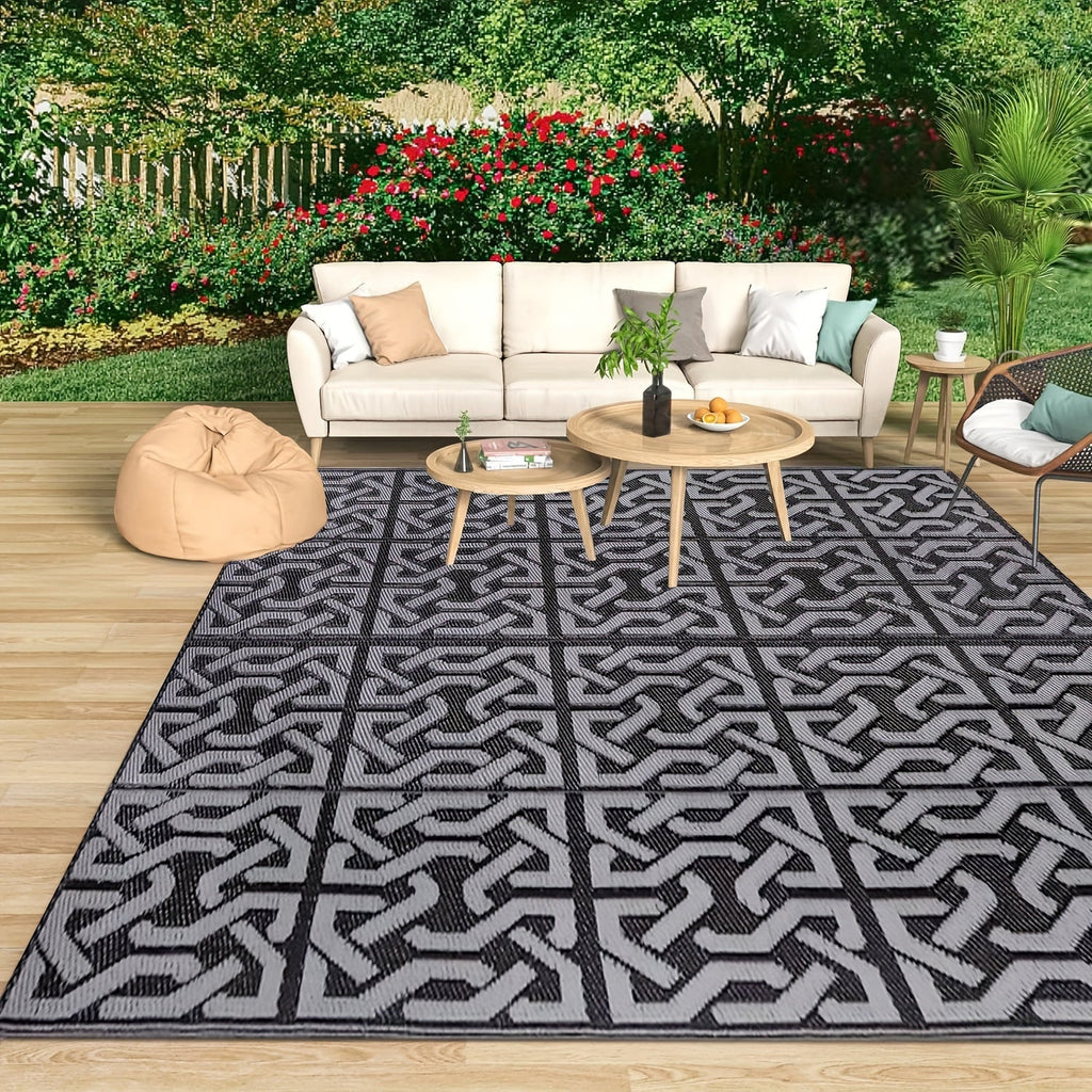 Reversible Outdoor Rug | Black & Grey Modern Patio Mat – Garden, Patio